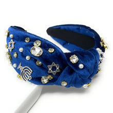 Load image into Gallery viewer, Hanukkah Jeweled Headband, Hanukkah Knotted Headband, Chanukah Knotted Headband, Chanukah Hair Accessories, Hanukkah Headband, Best Seller, headbands for women, best selling items, knotted headband, best selling items, Hanukkah gifts, Chanukah knot Headband, Blue hair accessories, Custom headbands, Chanukah holiday headband, Statement headband, Jewish Holiday gifts, embellished knot headband, jeweled knot headband, Blue Jeweled headband, Hanukkah Embellished headband, Chanukah embellished headband