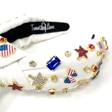 Load image into Gallery viewer, Americana Jeweled Headband, Patriotic Knotted Headband, Star Knotted Headband, Americana Hair Accessories, USA White Knot Headband, Best Seller, headbands for women, best selling items, knotted headband, hairbands for women, hair accessories, Independence day gifts, Independence day Headband, Memorial day hair accessories, American headband, USA flag headband, Fourth of July headband, Fourth of July gifts, red white headband, star knot headband, Jeweled headband, USA Jeweled headband, USA Headband
