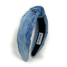 Load image into Gallery viewer, headband for women, denim knot headband, headbands for women, stylish headbands, bleach blue denim headband, top knot headband, denim top knot headband, blue denim headband, blue bleach denim hairband, trendy headbands, handmade headbands, top knotted headband, knotted headband, trendy headband, fashion headbands, dark denim headband, blue striped headband, bleach blue headband for women, denim headband for women, denim headband, best selling items, summer headband