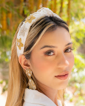 Load image into Gallery viewer, Ivory floral headband, neutral color beaded headband, neutral knot headband, Ivory knot headband, Ivory headband style, Floral top knot headband, pearl top knot headband, Floral head band, beaded hair band, trendy headbands, top knotted headband, handmade headbands, top knotted headband, knotted headband, trendy headband, fashion headbands, embellished headband, rhinestone headband, luxury headband, jeweled headband for women, Boho jeweled headband, jeweled knot headband, bohemian headbands