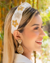 Load image into Gallery viewer, Ivory floral headband, neutral color beaded headband, neutral knot headband, Ivory knot headband, Ivory headband style, Floral top knot headband, pearl top knot headband, Floral head band, beaded hair band, trendy headbands, top knotted headband, handmade headbands, top knotted headband, knotted headband, trendy headband, fashion headbands, embellished headband, rhinestone headband, luxury headband, jeweled headband for women, Boho jeweled headband, jeweled knot headband, bohemian headbands
