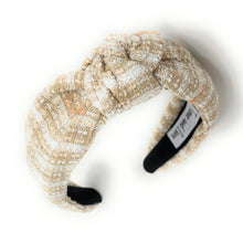 Load image into Gallery viewer, headbands for women, tweed headband, handmade headbands, top knotted headband, knotted headband, hair band for women, ivory headband, tweed headband, neutral headband for women, winter headband, tweed knot headband for women, knotted jeweled headband, bling headband, fall winter knot headband, luxury knot headband, plaid tweed headband, tweed knotted headband, fall hair accessories, soft beige tweed, neutral tweed, winter headbands, neutral tweed headband, tweed plaid headband, tweed accessories
