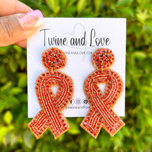 Load image into Gallery viewer, orange ribbon Beaded Earrings, beaded gold Earrings, gold color Earrings, kidney cancer awareness Beaded Earrings, leukemia ribbon earrings, leukemia awareness earrings, kidney cancer ribbon earrings, cancer awareness earrings, Beaded earrings, leukemia cancer ribbon earrings, kidney bead earrings, ribbon accessories, Leukemia cancer awareness accessories, support cancer awareness earrings, gifts for mom, best friend gifts, birthday gifts, orange earrings, kidney beaded earrings, support leukemia cancer awa