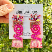 Load image into Gallery viewer, 
LOVE Beaded Earrings, hot Pink Heart Earrings, Valentines Day Earrings, Valentines Beaded Earrings, Seed Bead, Valentines Heart earrings, Pink earrings, pink beaded earrings, Love beaded earrings, valentines beaded earrings, Hearts earrings, Valentine’s day earrings, holiday gifts, tween girls accessories, Valentine’s day accessories, Best friend gifts, Best selling items, love accessories, boho earrings, custom earrings, unique earrings, unique gifts, handmade gifts, Pink Heart earrings