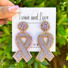 Load image into Gallery viewer, lavender ribbon Beaded Earrings, beaded lavender Earrings, lavender color Earrings, support cancer awareness Beaded Earrings, cancer ribbon earrings, support awareness earrings, cancer ribbon earrings, cancer awareness earrings, Beaded earrings, purple cancer ribbon earrings, purple bead earrings, ribbon accessories, cancer awareness accessories, support cancer awareness earrings, gifts for mom, best friend gifts, birthday gifts, lavender earrings, purple beaded earrings, support cancer awareness accessorie