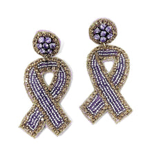 Load image into Gallery viewer, lavender ribbon Beaded Earrings, beaded lavender Earrings, lavender color Earrings, support cancer awareness Beaded Earrings, cancer ribbon earrings, support awareness earrings, cancer ribbon earrings, cancer awareness earrings, Beaded earrings, purple cancer ribbon earrings, purple bead earrings, ribbon accessories, cancer awareness accessories, support cancer awareness earrings, gifts for mom, best friend gifts, birthday gifts, lavender earrings, purple beaded earrings, support cancer awareness accessorie