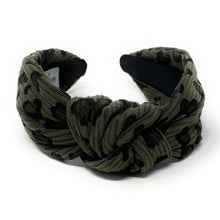 Load image into Gallery viewer, headband for woman, leopard headband, animal print headband, best selling items, corduroy headbands, green army headband, green black top knot headband, woven top knot headband, animal print accessories, trendy headbands, leopard to knot headband, animal print headband, green headband, green top knot headband, handmade headbands, top knotted headband, knotted headband, leopard print headband, brown top knotted headband, leopard headband, corduroy knot headband, leopard print headband