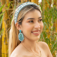 Load image into Gallery viewer, custom beaded Earrings, Unique jeweled Earrings, light blue Beaded Earrings, boho earrings, sea blue jeweled earrings, handmade earrings, custom earrings, party accessories, fancy accessories, turquoise blue embellished earrings, custom earrings, best friend gifts, birthday gifts, bohemian earrings, luxurious handmade accessories, night jewelry, Fancy earrings, boho earrings, beaded earrings, Fancy jeweled earrings, statement earrings, best selling items, light blue embellished earrings, handmade gifts, cus