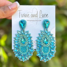 Load image into Gallery viewer, custom beaded Earrings, Unique jeweled Earrings, light blue Beaded Earrings, boho earrings, sea blue jeweled earrings, handmade earrings, custom earrings, party accessories, fancy accessories, turquoise blue embellished earrings, custom earrings, best friend gifts, birthday gifts, bohemian earrings, luxurious handmade accessories, night jewelry, Fancy earrings, boho earrings, beaded earrings, Fancy jeweled earrings, statement earrings, best selling items, light blue embellished earrings, handmade gifts, cus