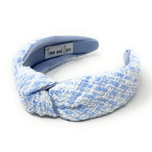 Load image into Gallery viewer, headbands for women, tweed headband, handmade headbands, top knotted headband, knotted headband, hair band for women, blue headband, tweed headband, neutral headband for women, winter headband, tweed knot headband for women, knotted jeweled headband, bling headband, fall winter knot headband, luxury knot headband, plaid tweed headband, tweed knotted headband, fall hair accessories, soft blue tweed, blue tweed, winter headbands, neutral tweed headband, tweed plaid headband, tweed accessories