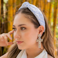 Load image into Gallery viewer, headbands for women, tweed headband, handmade headbands, top knotted headband, knotted headband, hair band for women, blue headband, tweed headband, neutral headband for women, winter headband, tweed knot headband for women, knotted jeweled headband, bling headband, fall winter knot headband, luxury knot headband, plaid tweed headband, tweed knotted headband, fall hair accessories, soft blue tweed, blue tweed, winter headbands, neutral tweed headband, tweed plaid headband, tweed accessories