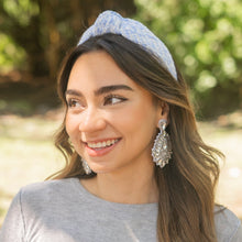 Load image into Gallery viewer, headbands for women, tweed headband, handmade headbands, top knotted headband, knotted headband, hair band for women, blue headband, tweed headband, neutral headband for women, winter headband, tweed knot headband for women, knotted jeweled headband, bling headband, fall winter knot headband, luxury knot headband, plaid tweed headband, tweed knotted headband, fall hair accessories, soft blue tweed, blue tweed, winter headbands, neutral tweed headband, tweed plaid headband, tweed accessories