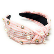 Load image into Gallery viewer, headbands for women, Wide headband, handmade headbands, top knotted headband, knotted headband, hair band for women, embellished headband, rhinestone headband, gemstone headband for women, luxury headband, jeweled headband for women, knotted jeweled headband, bling headband, embellished knot headband, luxury knot headband, pearly headbands, pearly rhinestone headband, spring hair accessories, blue and white headband, spring headbands, Striped jeweled headband, embellished headband, best selling items