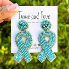 Load image into Gallery viewer, light blue ribbon Beaded Earrings, beaded light blue Earrings, Light blue Earrings, cancer awareness Beaded Earrings, prostate ribbon earrings, Prostate awareness earrings, Prostate cancer ribbon earrings, cancer awareness earrings, Beaded earrings, Prostate cancer ribbon earrings, light blue bead earrings, ribbon accessories, cancer awareness accessories, support cancer awareness earrings, gifts for mom, best friend gifts, birthday gifts, yellow earrings, light blue beaded earrings, support cancer awarenes