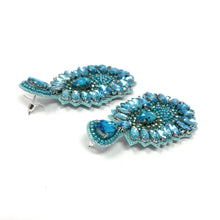 Load image into Gallery viewer, custom beaded Earrings, Unique jeweled Earrings, light blue Beaded Earrings, boho earrings, sea blue jeweled earrings, handmade earrings, custom earrings, party accessories, fancy accessories, turquoise blue embellished earrings, custom earrings, best friend gifts, birthday gifts, bohemian earrings, luxurious handmade accessories, night jewelry, Fancy earrings, boho earrings, beaded earrings, Fancy jeweled earrings, statement earrings, best selling items, light blue embellished earrings, handmade gifts, cus