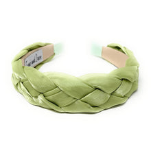 Load image into Gallery viewer, green braided headband, headbands for women, lime headband, green satin headband, best selling items, lime green headband, braided headband, oriental accessories, best seller, green satin fabric headband, green accessories, handmade headband, custom headband, boho headband, summer spring headband, soft green headband, custom headband, handmade headband, winter headband, autumn headbands, best selling items, lime green headband
