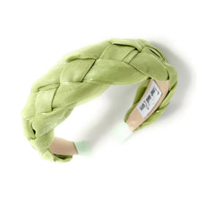 Load image into Gallery viewer, green braided headband, headbands for women, lime headband, green satin headband, best selling items, lime green headband, braided headband, oriental accessories, best seller, green satin fabric headband, green accessories, handmade headband, custom headband, boho headband, summer spring headband, soft green headband, custom headband, handmade headband, winter headband, autumn headbands, best selling items, lime green headband