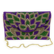 Load image into Gallery viewer, Mardi Gras Celebration Beaded Crossbody Chain  Clutch Bag Handbag, beaded clutch, beaded purse for mardi gras, mardi gras outfit, mardi gras celebration gift, mardi gras celebration outfit, gift for mardi gras, mardi gras gifts, Mardi Gras clutch purse, Mardi gras sequin bag, beaded bag, NOLA accessories, NOLA accessory, Mardi Gras accessory, Beaded sequin bag, Bags for mardi gras, party night out bags, party bags, Handmade gifts, hand beaded clutch purse, custom clutch purse, custom accessories