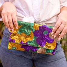 Load image into Gallery viewer, Mardi Gras Celebration Beaded Crossbody Chain  Clutch Bag Handbag, beaded clutch, beaded purse for mardi gras, mardi gras outfit, mardi gras celebration gift, mardi gras celebration outfit, gift for mardi gras, mardi gras gifts, Mardi Gras clutch purse, Mardi gras sequin bag, Sequin bag, NOLA accessories, NOLA accessory, Mardi Gras accessory, Beaded sequin bag, Bags for mardi gras, party night out bags, party bags, Handmade gifts, hand beaded clutch purse, custom clutch purse, custom accessories