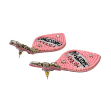 Load image into Gallery viewer, Pink beaded earrings shaped like Christmas ornaments with "Merry Christmas" text. Each has a star-shaped top, conveying festive cheer.