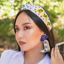 Load image into Gallery viewer, Mardi Gras accessories, Mardi gras earrings, beaded earrings, Cowgirl earrings, NOLA earrings, Mardi earrings, Purple earrings, Mardi Gras king cake beaded earrings, trendy earrings, party earrings, New Orleans party earrings, Mardi gras party earrings, holiday earrings, luxury earrings, Mardi gras accessories, Mardi Gras gifts, Mardi Gras New Orleans earrings, custom earrings, handmade earrings, Mardi Gras beaded earrings, Mardi Gras accessories, boho earrings, custom earrings, best selling items