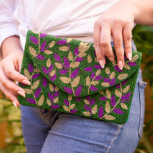Load image into Gallery viewer, Mardi Gras Celebration Beaded Crossbody Chain  Clutch Bag Handbag, beaded clutch, beaded purse for mardi gras, mardi gras outfit, mardi gras celebration gift, mardi gras celebration outfit, gift for mardi gras, mardi gras gifts, Mardi Gras clutch purse, Mardi gras sequin bag, beaded bag, NOLA accessories, NOLA accessory, Mardi Gras accessory, Beaded sequin bag, Bags for mardi gras, party night out bags, party bags, Handmade gifts, hand beaded clutch purse, custom clutch purse, custom accessories