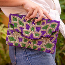 Load image into Gallery viewer, Mardi Gras Celebration Beaded Crossbody Chain  Clutch Bag Handbag, beaded clutch, beaded purse for mardi gras, mardi gras outfit, mardi gras celebration gift, mardi gras celebration outfit, gift for mardi gras, mardi gras gifts, Mardi Gras clutch purse, Mardi gras sequin bag, beaded bag, NOLA accessories, NOLA accessory, Mardi Gras accessory, Beaded sequin bag, Bags for mardi gras, party night out bags, party bags, Handmade gifts, hand beaded clutch purse, custom clutch purse, custom accessories