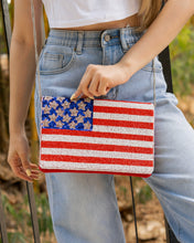 Load image into Gallery viewer, USA Flag Beaded Clutch, Star American USA Flag Seed Bead Cross body Clutch Bag, Beaded Flag Purse, 4th of July Gift, Patriotic Clutch Purse, USA patriotic beaded clutch, patriotic Accessories, USA Clutch Bag, American Flag print, American Flag clutch, American Flag Purse, Beaded Clutch Purse, Patriotic Purse, Gifts for her, Best selling items, red white and blue accessories, beaded crossbody, beaded purse, White blue purse, USA stars purse, Americana purse, Patriotic bag