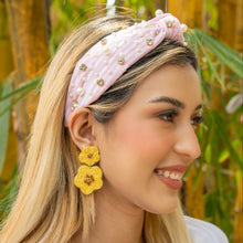 Load image into Gallery viewer, headbands for women, Wide headband, handmade headbands, top knotted headband, knotted headband, hair band for women, embellished headband, rhinestone headband, gemstone headband for women, luxury headband, jeweled headband for women, knotted jeweled headband, bling headband, embellished knot headband, luxury knot headband, pearly headbands, pearly rhinestone headband, spring hair accessories, blue and white headband, spring headbands, Striped jeweled headband, embellished headband, best selling items