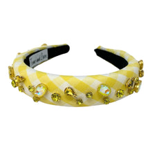 Load image into Gallery viewer, headbands for women, baroque headband, handmade headbands, yellow gingham headband, yellow headband, gingham headband, embellished headband, Easter headband, bejeweled headband, luxury headband, jeweled headband, checkered jeweled headband, bling headband, embellished knot headband, luxury knot headband, Summer headband, rhinestone knot headband, bejeweled accessories, Spring Summer fashion, spring headbands, custom headband, embellished headband, padded headband, best selling items