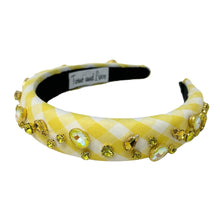 Load image into Gallery viewer, headbands for women, baroque headband, handmade headbands, yellow gingham headband, yellow headband, gingham headband, embellished headband, Easter headband, bejeweled headband, luxury headband, jeweled headband, checkered jeweled headband, bling headband, embellished knot headband, luxury knot headband, Summer headband, rhinestone knot headband, bejeweled accessories, Spring Summer fashion, spring headbands, custom headband, embellished headband, padded headband, best selling items