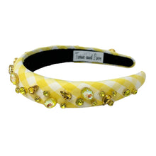 Load image into Gallery viewer, headbands for women, baroque headband, handmade headbands, yellow gingham headband, yellow headband, gingham headband, embellished headband, Easter headband, bejeweled headband, luxury headband, jeweled headband, checkered jeweled headband, bling headband, embellished knot headband, luxury knot headband, Summer headband, rhinestone knot headband, bejeweled accessories, Spring Summer fashion, spring headbands, custom headband, embellished headband, padded headband, best selling items