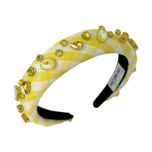 Load image into Gallery viewer, headbands for women, baroque headband, handmade headbands, yellow gingham headband, yellow headband, gingham headband, embellished headband, Easter headband, bejeweled headband, luxury headband, jeweled headband, checkered jeweled headband, bling headband, embellished knot headband, luxury knot headband, Summer headband, rhinestone knot headband, bejeweled accessories, Spring Summer fashion, spring headbands, custom headband, embellished headband, padded headband, best selling items