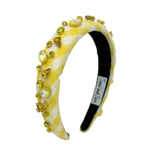 Load image into Gallery viewer, headbands for women, baroque headband, handmade headbands, yellow gingham headband, yellow headband, gingham headband, embellished headband, Easter headband, bejeweled headband, luxury headband, jeweled headband, checkered jeweled headband, bling headband, embellished knot headband, luxury knot headband, Summer headband, rhinestone knot headband, bejeweled accessories, Spring Summer fashion, spring headbands, custom headband, embellished headband, padded headband, best selling items