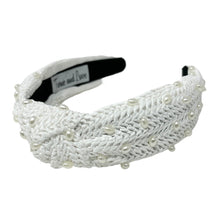 Load image into Gallery viewer, headband for woman, fashion headbands, white raffia knot headband, woven headbands for women, stylish headbands, raffia headband style, top knot headband, woven top knot headband, ivory headband, raffia hair band, white raffia headband, raffia woven headband, women top knot headband, best selling items, white knot headband, woven top knot headband, handmade headbands, top knotted headband, knotted headband, boho headband, summer headband, solid color headband, resort headband