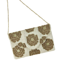Load image into Gallery viewer, Elegant beige clutch adorned with intricate gold beaded floral patterns. The symmetrical design exudes a vintage, sophisticated charm.