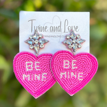 Load image into Gallery viewer, BE Mine Heart Candy Beaded Earrings, Heart Candy Earrings, Valentines Day Earrings, Valentines Beaded Earrings, sweethearts Conversation heart earrings, Valentines Heart earrings, Pink earrings, valentine’s day beaded earrings, XOXO beaded earrings, valentines beaded earrings, Hearts earrings, Valentine’s day earrings, valentines day gifts, tween girls accessories, Valentine’s day accessories, Best friend gifts, Best selling items, boho earrings, custom earrings, unique earrings, unique gifts