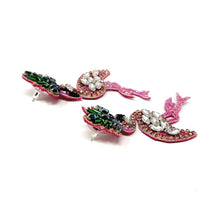Load image into Gallery viewer, custom beaded Earrings, flamingo jeweled Earrings, flamingo Beaded Earrings, flamingo earrings, jeweled earrings, handmade earrings, custom earrings, bejeweled accessories, tropical jewelry accessories, embellished earrings, custom earrings, best friend gifts, birthday gifts, bohemian earrings, luxurious handmade accessories, party earrings, Fancy earrings, boho earrings, rhinestone earrings, embellished earrings, Fancy jeweled earrings, party earrings, statement earrings, best selling items