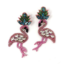 Load image into Gallery viewer, custom beaded Earrings, flamingo jeweled Earrings, flamingo Beaded Earrings, flamingo earrings, jeweled earrings, handmade earrings, custom earrings, bejeweled accessories, tropical jewelry accessories, embellished earrings, custom earrings, best friend gifts, birthday gifts, bohemian earrings, luxurious handmade accessories, party earrings, Fancy earrings, boho earrings, rhinestone earrings, embellished earrings, Fancy jeweled earrings, party earrings, statement earrings, best selling items