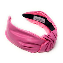 Load image into Gallery viewer, headband for women, pink vegan headbands, PU leather knot headband, headbands for women, stylish headbands, headband style, pink top knot headband, woven top knot headband, pink headband, pink hairband, Vegan knot headbands, top knotted headband, light pink headband, leather headbands, PU leather headbands, vegan top knotted headband, knotted headband, custom headband, PU leather headband, statement headbands, Pink vegan knotted headband, pearly knot headband, Solid color headband, Solid knot headband