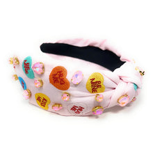 Load image into Gallery viewer, VALENTINES's day Jeweled Headband, Valentine’s Day Headband, Heart Candy Jeweled Knot Headband, Jeweled Knot Headbands, Valentines Day Knotted Headband, best selling headband, birthday gift for her, headbands for women, best selling items, knotted headbands, vday headband, purple knot headband, valentine headband, valentines headband, valentines day gifts, embellished headband, heart stud headband, Heart candy headband, pink hearts headband, handmade headband, hearts knot headband, custom headband