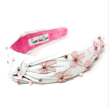 Load image into Gallery viewer, hand beaded Headband, bow beaded knot Headband, pink color bow top Knot Headband, bow Knot Headband, custom Knotted Headband, embellished knotted headband, birthday gifts, headbands for women, boho knotted headband, hair accessories, party knot headband, pink bow knot headband, bachelorette headband, Bachelorette gifts, custom headband, handmade headband, boho headband, handmade knot headband, statement headband, best selling items, birthday gifts for her, white pink headband, preppy headband