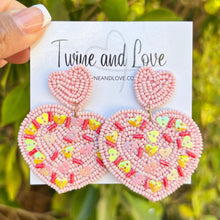 Load image into Gallery viewer, 
Hearts Beaded Earrings, Pink Heart Earrings, Valentines Day Earrings, Valentines Beaded Earrings, Seed Bead, Valentines Heart earrings, pink earrings, pink beaded earrings, confetti beaded earrings, Love beaded earrings, valentines beaded earrings, Hearts earrings, pink heart earrings, holiday gifts, holiday accessories, holiday beaded accessories, pink Valentines day accessories, Holiday Valentines earrings, Valentines Day gifts, best Selling items, Pink earrings, valentines day gifts for her