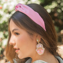 Load image into Gallery viewer, custom beaded Earrings, jeweled Earrings, pink Beaded Earrings, pink evil eye earrings, evil eye jeweled earrings, handmade earrings, custom earrings, resort accessories, fancy accessories, Turkish eye embellished earrings, custom earrings, best friend gifts, birthday gifts, bohemian earrings, luxurious handmade accessories, party earrings, Fancy earrings, boho earrings, beaded earrings, pink embellished earrings, Fancy jeweled earrings, statement earrings, best selling items, evil eye earrings