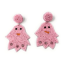 Load image into Gallery viewer, Halloween beaded Earrings, beaded halloween Earrings, halloween Earrings, Pink Halloween Earrings, earrings for halloween, pink ghost beaded earrings, spooky beaded earrings, Pink ghost earrings, Unique earrings, statement earrings, Halloween jewelry, cat earrings, Pink ghost, spooky cat earrings, costume jewelry, Holiday earrings, custom earrings, custom designs, pink earrings, dangling earrings, lightweight earrings, halloween accessories, pink halloween vibes, spooky vibes, handmade gifts