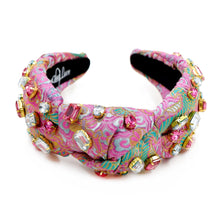 Load image into Gallery viewer, headband for women, tropical Knot headband, jacquard pink headband, pink knot headband, top knot headband, jacquard top knot headband, vacation top knot headband, resort hair band, summer knot headband, pink jacquard color headband, handmade gifts, top knotted headband, knotted headband, party headbands, jacquard knot headband, tropical headbands, green knot embellished headband, best selling items, luxury headband, custom headband, jeweled knot headband, Handmade headband, hand sewn headband