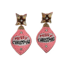 Load image into Gallery viewer, Pink beaded earrings shaped like Christmas ornaments with "Merry Christmas" text. Each has a star-shaped top, conveying festive cheer.