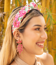 Load image into Gallery viewer, headband for women, tropical Knot headband, yellow pink headband, pink knot headband, top knot headband, pink yellow top knot headband, vacation top knot headband, resort hair band, summer knot headband, pink yellow color headband, handmade gifts, top knotted headband, knotted headband, party headbands, floral knot headband, tropical headbands, pink floral knot embellished headband, best selling items, luxury headband, custom headband, jeweled knot headband, Handmade headband, hand sewn headband