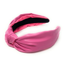 Load image into Gallery viewer, headband for women, pink vegan headbands, PU leather knot headband, headbands for women, stylish headbands, headband style, pink top knot headband, woven top knot headband, pink headband, pink hairband, Vegan knot headbands, top knotted headband, light pink headband, leather headbands, PU leather headbands, vegan top knotted headband, knotted headband, custom headband, PU leather headband, statement headbands, Pink vegan knotted headband, pearly knot headband, Solid color headband, Solid knot headband