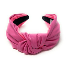Load image into Gallery viewer, headband for women, pink vegan headbands, PU leather knot headband, headbands for women, stylish headbands, headband style, pink top knot headband, woven top knot headband, pink headband, pink hairband, Vegan knot headbands, top knotted headband, light pink headband, leather headbands, PU leather headbands, vegan top knotted headband, knotted headband, custom headband, PU leather headband, statement headbands, Pink vegan knotted headband, pearly knot headband, Solid color headband, Solid knot headband